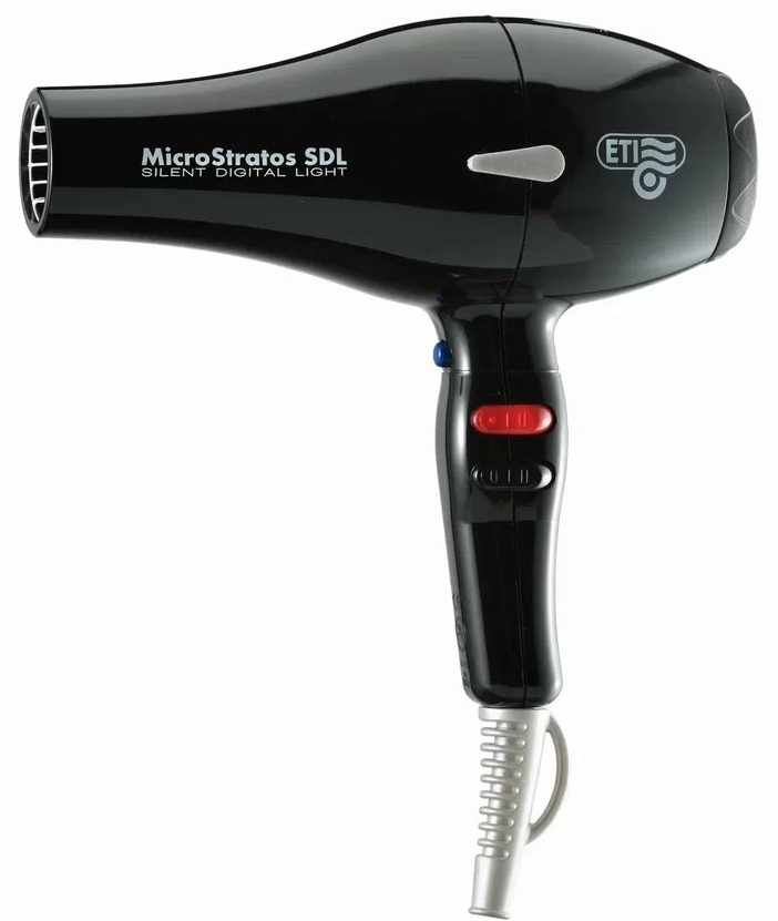 ETI Фен Micro Stratos SDL 2500 цвет черный, 2500 Вт, 2 насадки, бесщеточный мотор, вес 402 гр. 