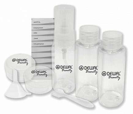Dewal Дорожный набор баночек (Бутылка 50мл - 2 шт.+ бутылка 30мл +баночка 10гр - 2 шт.+ воронка + лопатка)