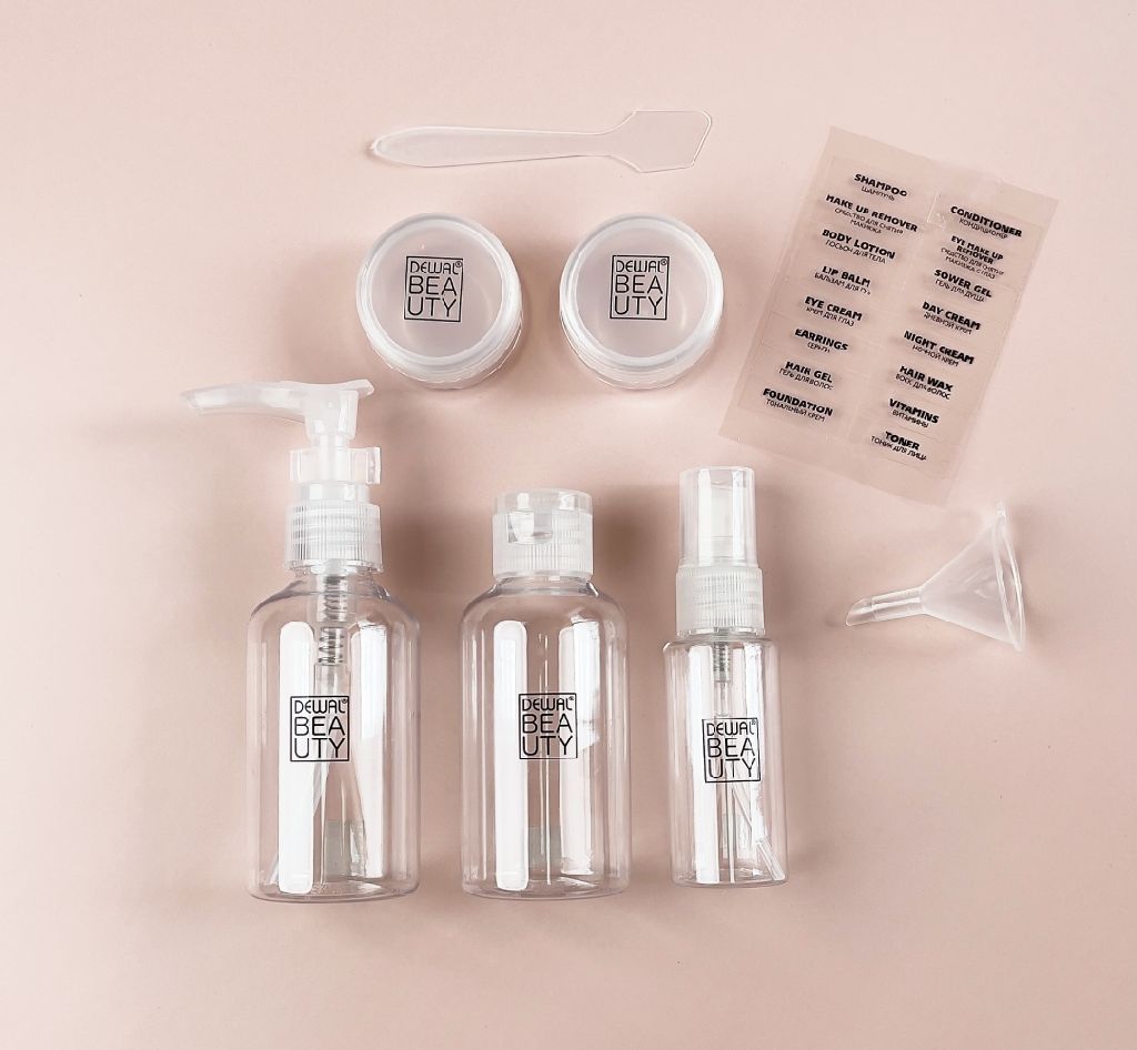 Dewal Дорожный набор баночек (Бутылка 80мл - 2 шт.+ бутылка 30мл +баночка 10гр - 2 шт.+ воронка + лопатка)