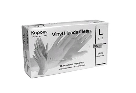 Kapous Перчатки виниловые неопудренные "Vinyl Hands Clean", прозрачные L, 50 пар/уп.