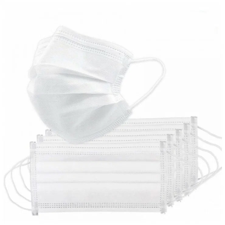 Маска для лица трехслойная на резинках, цв. белый, 50 шт/уп. 