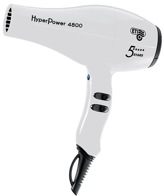ETI Фен Hyper Power 4800 цвет белый, 2600 Вт, 2 насадки, вес 555 гр.